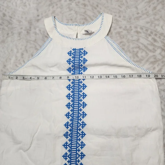 Lucky Brand 100% Linen Halter Dress Size M Embroidered White And Blue - Picture 12 of 16